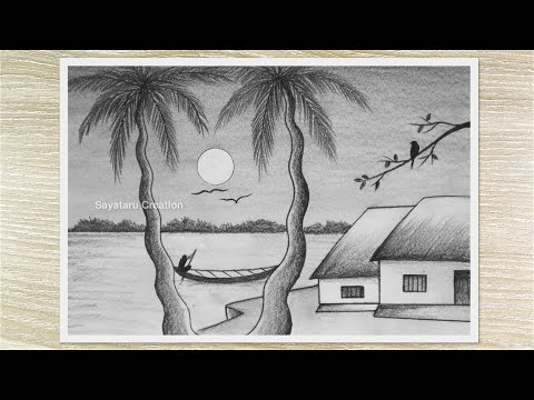 Winter Sunset Scenery Drawing with Pencil, Pencil Sketch Drawing for Beginners