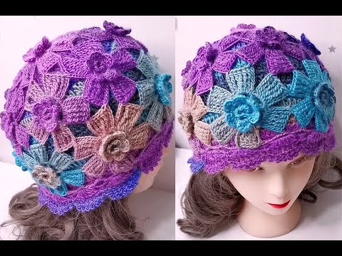 Crochet tutorial for double layer gradient flower hat-One .Crochet a hat with me~