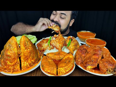 SPICY BIG FISH CURRY, HILSA FISH CURRY, POMFRET FRY, FISH HEAD, RICE, CHILI ASMR MUKBANG EATING SHOW