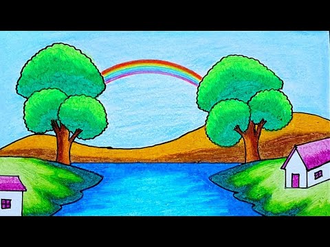Easy Scenery Drawing | How To Draw Easy a Beautiful Rainbow Scenery With Oil Pastels