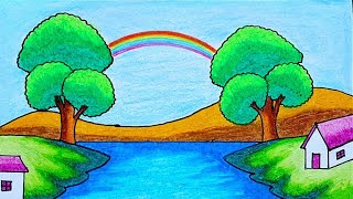 Easy Scenery Drawing | How To Draw Easy a Beautiful Rainbow Scenery With Oil Pastels