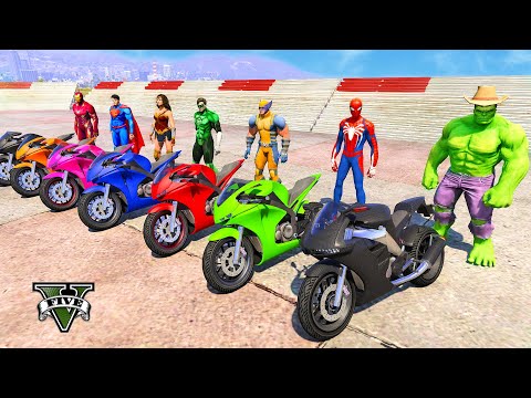 SPIDERMAN Motorcycles Racing Challenge on Mega Beach Rampa With Hulk Epic Bikes Stunts Race - GTA 5