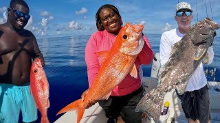 3 Giant Queens in 1 Drop!  Her First Fish Ever (Catch & Cook)