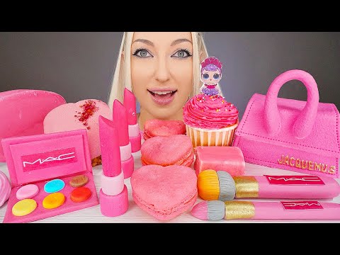 ASMR PINK FOOD, MAKEUP CANDY, EDIBLE BAG, LIPSTICK, CAKE, ICE CREAM (DESSERT) MUKBANG, 분홍색 음식 먹방