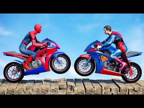 سبايدر مان اصعب دراجة نارية فوق اسماك القرش - Superheroes Ride on Motorcycle Stunt Funny Moments