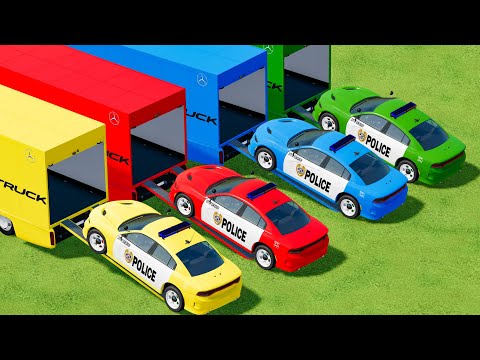 GARAGE OF COLORS ! POLICE CARS TRANSPIRTING with COLORED TRUCKS ! Farming Simulator 22