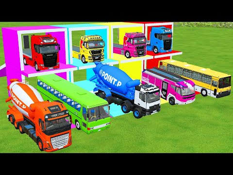 TRANSPORTING EXCAVATOR, VOLVO MIXER TRUCK, BULLDOZER, SCANIA BUS, AMBULANCE WITH MAN TRUCKS - FS22