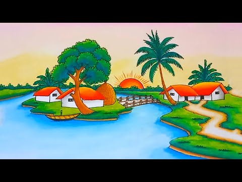 How to Draw a Beautiful Rainy Season Village Scenery | Easy Landscape River Side Village Drawing