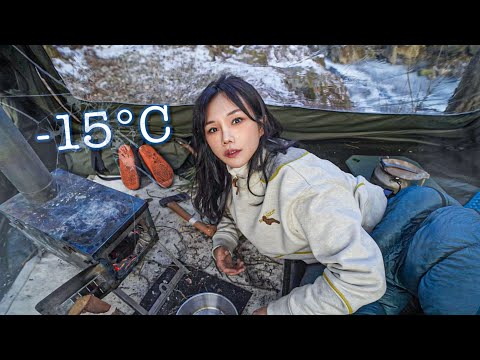 -15℃ 얼어붙은 계곡 옆 홀로지샌 하룻밤❄️ / 맥반석양갈비&김치구이 +막걸리 / 솔로캠핑