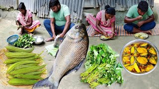 HOW TO COOK BIG KATLA FISH CURRY WITH JHINGE & KALMI SHAK RECIPE IN  VILLAGE | VILLAGE LIFESTYLE