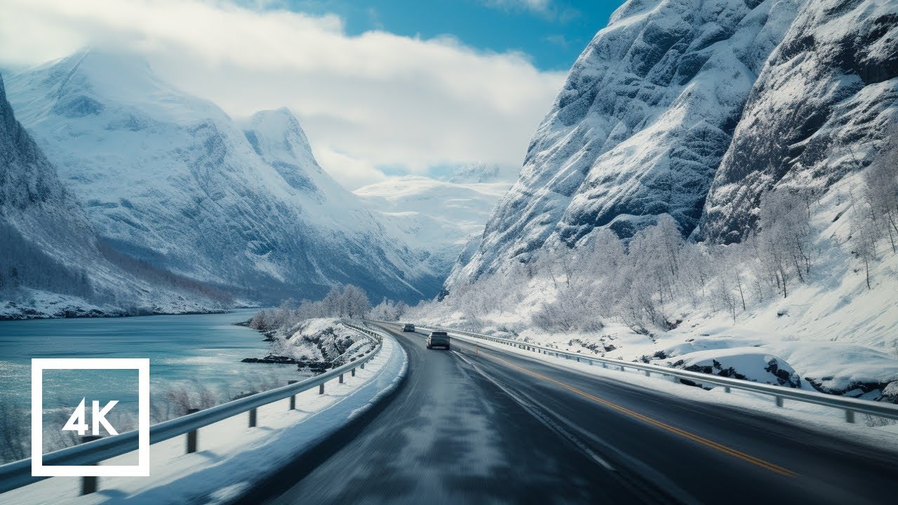 Relaxing 4K Snowy Drive in Norway Geirangerfjord, Driving Sounds for Sleep and Study ASMR