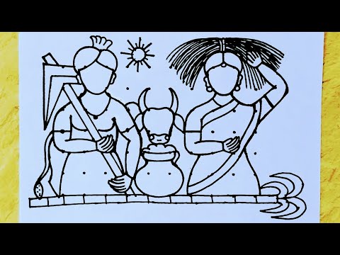 Sankranti pongal pot kolam with farmer and traditional girl from 10×7 dots // Sankranti Rangoli