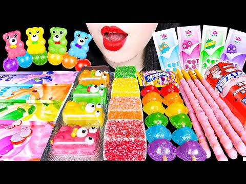 ASMR RAINBOW DESSERTS 다양한 무지개 폼폼 해외 간식 디저트 먹방 BUBBLE JELLY FORM EDBLE BEAR EATING SOUNDS MUKBANG