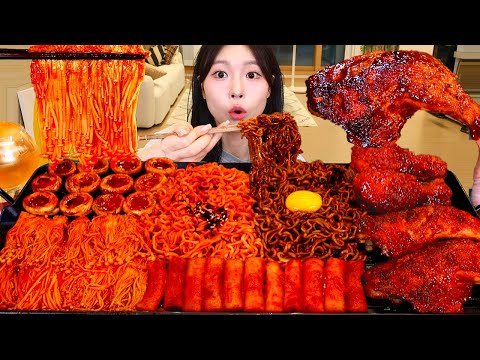 ASMR MUKBANG| 직접 만든 불닭 버섯 양념치킨 소세지 먹방 & 레시피 SPICY MUSHROOMS AND FIRE NOODLES EATING