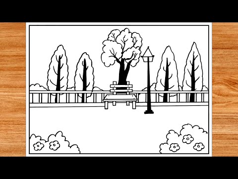 Park scenery drawing / Park side scenery / Park bench / Garden drawing step by step