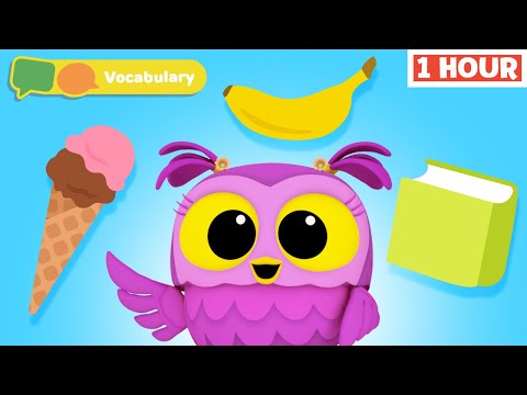 Learn First Words & Vocabulary with Hoot, Scoot & What | Fruits | Games & vehicles for kids | 1 Hour