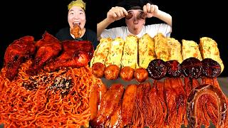 ASMR MUKBANG| Fire spicy Mushrooms, Fire Noodles, Kielbasa Sausage, Smoked Chicken, Egg roll