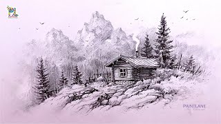 How to draw Wooden House on Mountain Place by Pencil
