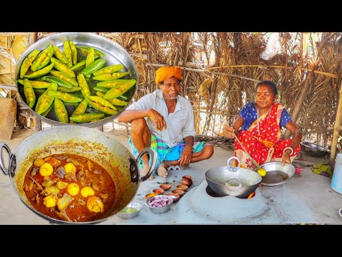 EGG CURRY with sweet potato and parwal fry cooking & eating by santali tribe old couple