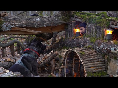 Building a Secret Dugout UNDER a Fallen BIG TREE; 3 Days SOLO SURVIVAL CAMPING. Bushcraft Cabin