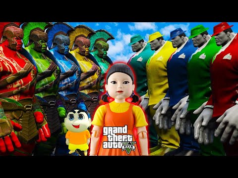Franklin and Shinchan & Pinchan play HIDE AND KILL with Ultimate HULK BOSSES Squid  Doll In GTA 5