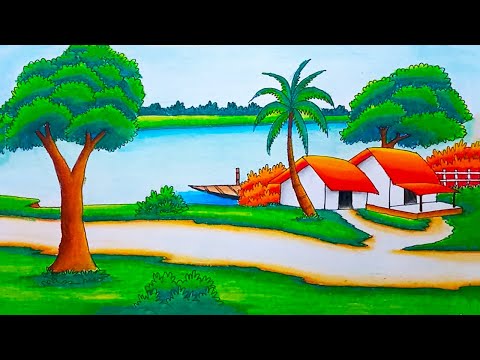 How to draw easy Rainey season scenery drawing | Riverside village drawing easy with oil pastel