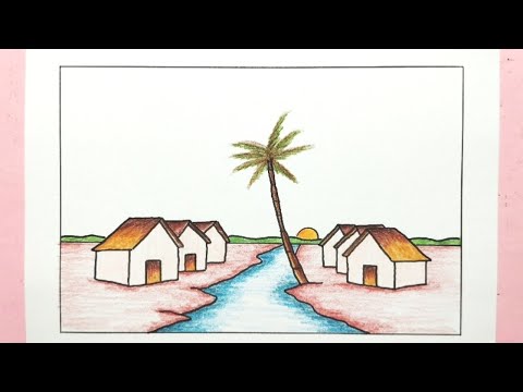 Cara menggambar pemandangan desa - How to draw village scenery