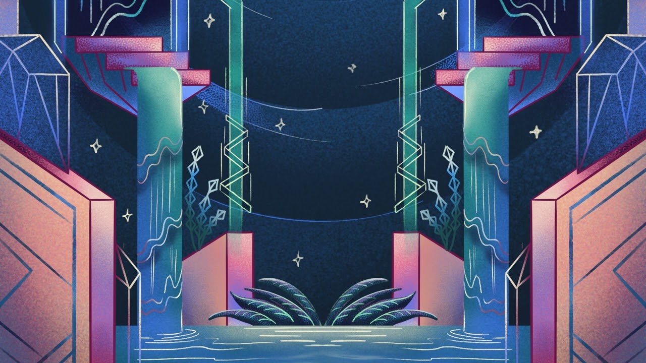 Abstract geometric landscape with vibrant colors.