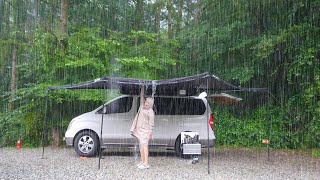 ☔️오락가락하는 폭우 속 움직이는 2평짜리 작은 집에서 아늑한 차박캠핑 / 슬라이스 감자전에 맥주 , 냉채족발에 피크닉소주