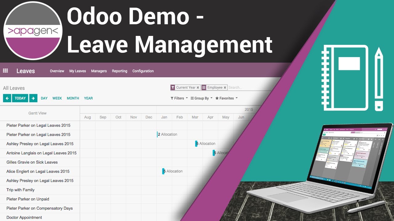 Odoo Demo - Leave Management | Apagen Solutions Pvt. Ltd. (Odoo Service Provider) | 24.09.2020

In this Video we are going to demonstrate how to create leave request in Odoo ERP Odoo ERP(opensource ERP) Benefits ...