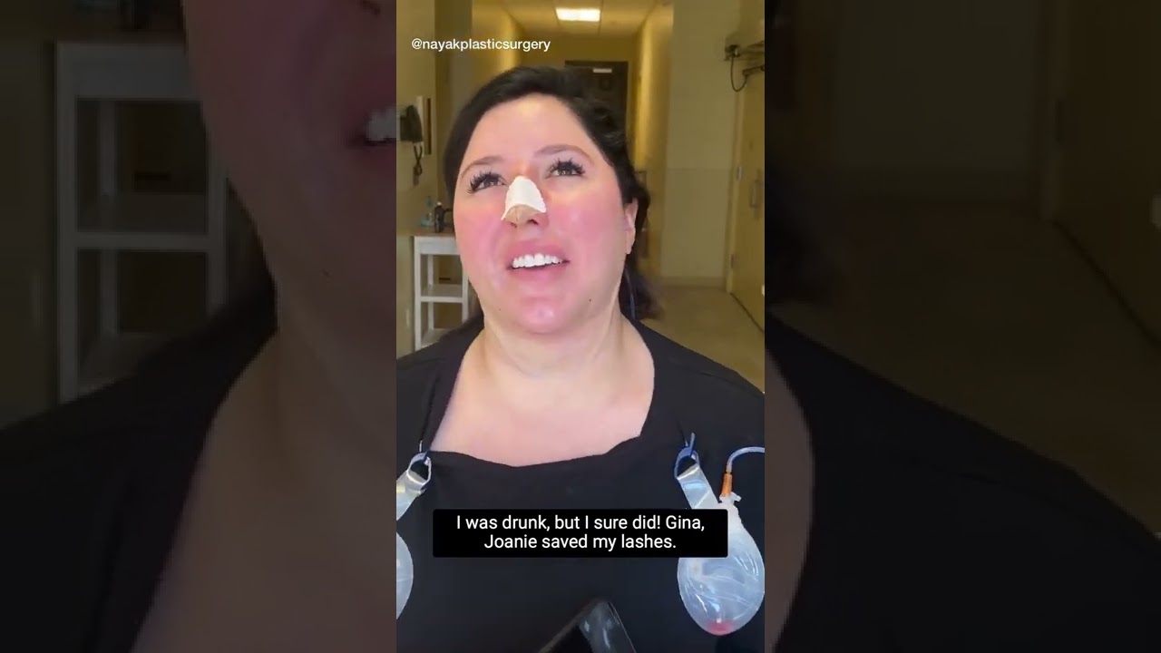 Post-surgery woman humorously discussing her experience.