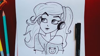 Anime Girl With Headphones Drawing
