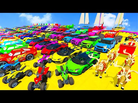 GTA V Mods Stunt Car Racing Challenge By SPIDER-MAN With Amazing Super Car Motocycle & Reindeer Cart