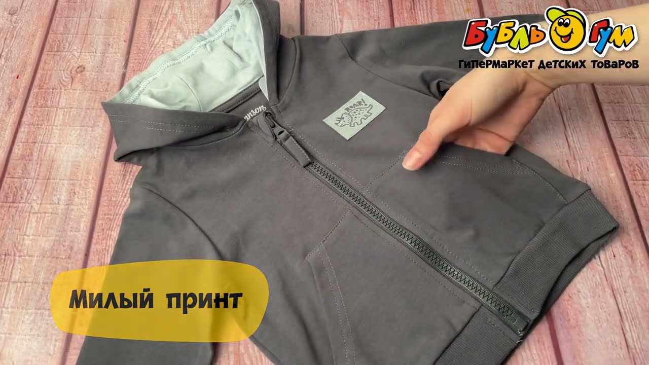 Толстовка Lanson Kids с нашивкой Roar Динозаврик на молнии темно-серая - видео