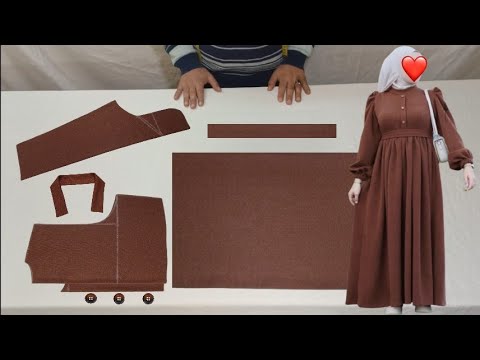 تفصيل وخياطة فستان عباية بقصة تحت الصدر موديل جديد بالكم المنفوخ dress cutting and stitching Abaya