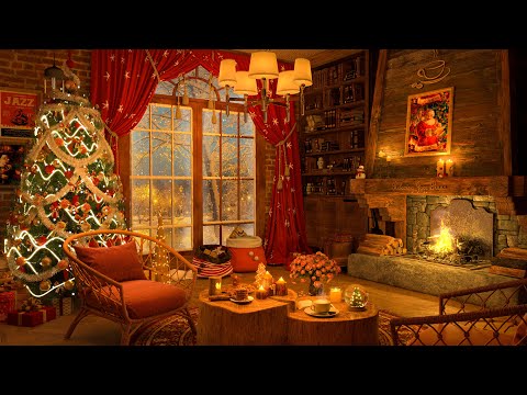 🎅 4K Snow Night on Window at Christmas Coffee Shop Ambience 🎄 Background Jazz Music to Relax, Study