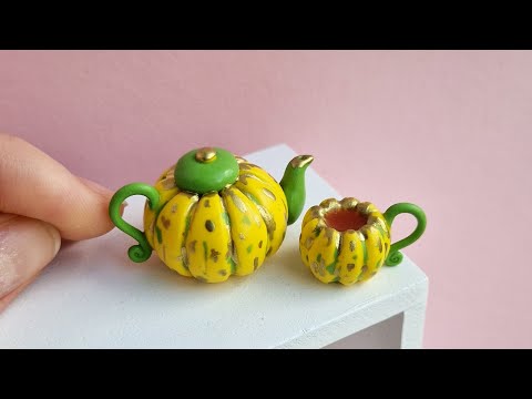 Miniature pumpkin teapot and cup💛Polymer clay