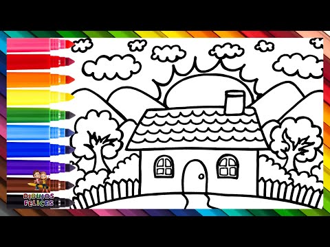 Dibuja y Colorea Un Paisaje Muy Fácil 🏠🌳🌄🌈 Dibujos Para Niños