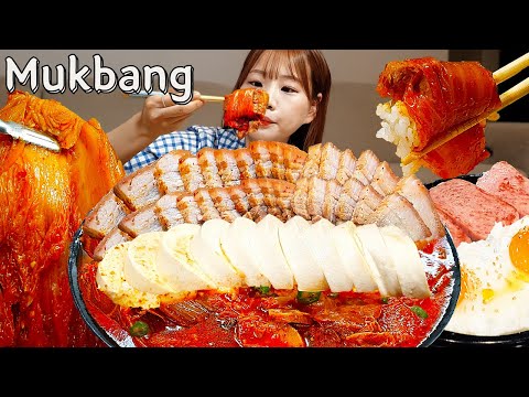 🍖직접만든 대왕순두부김치찜,스팸,들기름후라이🥘 통삼겹살+통목살 때려넣은 김치찜 먹방😋혼술 한식 KIMCHIJJIM MUKBANG ASMR EATINGSHOW REALSOUND 요리