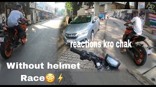 Duke 200cc Vs Apache rtr Drag race ⚡Without Helmet 😳!!Public Reaction!! Modified Duke