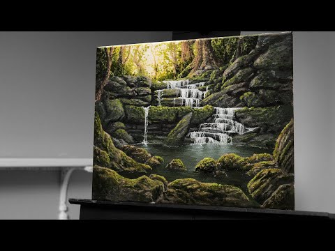 Painting a Streaming Waterfall and Golden Sun Light with Acrylics In Real Time - Paint with Ryan