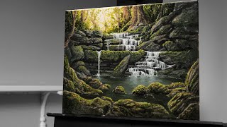 Painting a Streaming Waterfall and Golden Sun Light with Acrylics In Real Time - Paint with Ryan