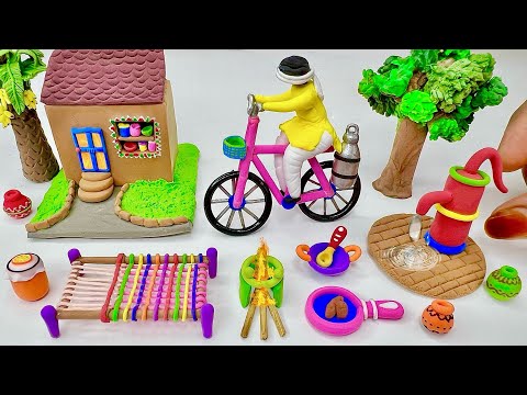 DIY How to make polymer clay miniature House, Kitchen set, Cycle, Doll Milkman, Hand pump| Dollhouse