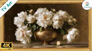 White Peonies Vintage Painting | Gold Frame TV Art | Art Screensaver for TV | 10 Hours