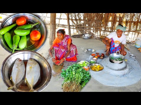 Sea fish curry with Brinjal and Methi shak vaja cooking and eating by santali tribe couple