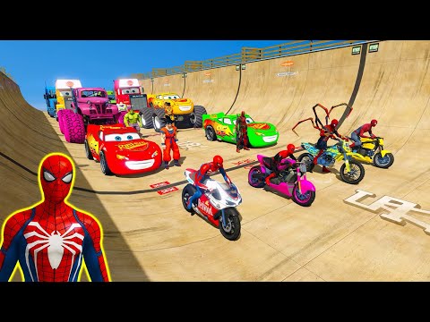 GTA 5 mega ramp gameplay challenge for bikes vs McQueen lightning and mack truck