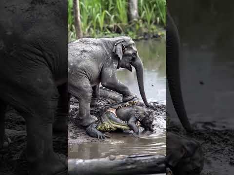 Mama Elephant Fights Off Crocodile to Protect Her Baby!