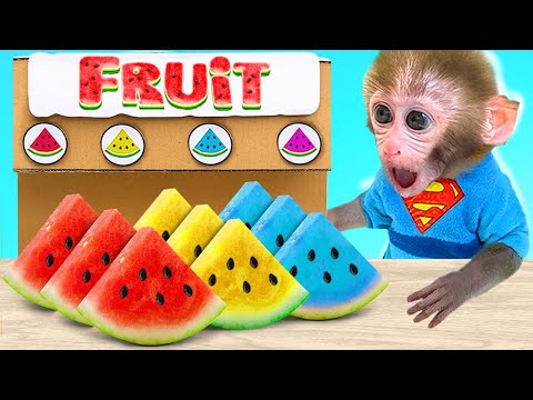 Monkey Baby Bon Bon takes the duck to toilet and eats watermelon with the puppy so yummy