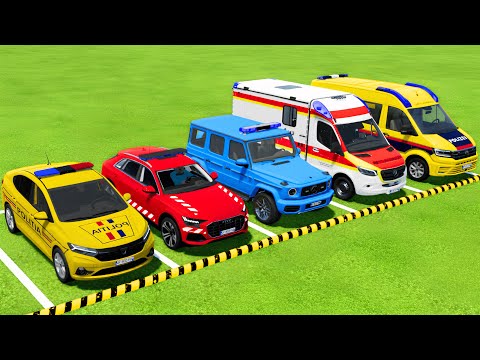 TRANSPORTING DACIA, AUDI, VOLKSWAGEN POLICE VEHICLES & MERCEDES AMBULANCE CAR WITH TRUCKS ! FS22