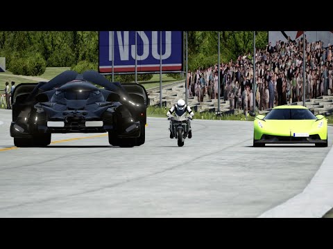 Koenigsegg Jesko Absolut vs Kawasaki Ninja H2R Supercharged vs Batmobile at Old SPA